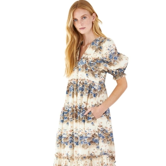 Hunter Bell Palmer Puffed Sleeve Misty Morning Midi Dress Size Small - Picture 10 of 10